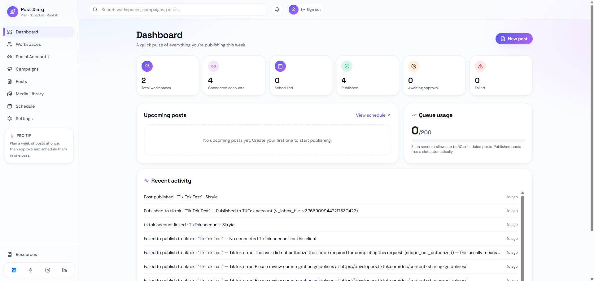 Skrypost dashboard with workspace and post stats