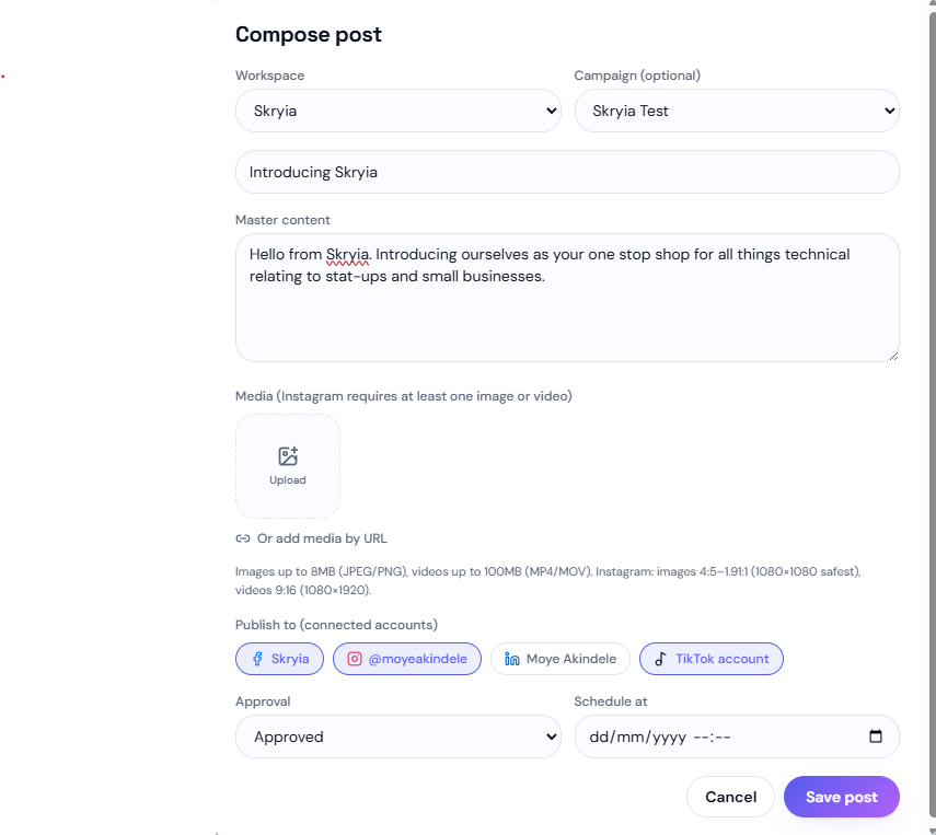 Skrypost compose post editor with platform selection